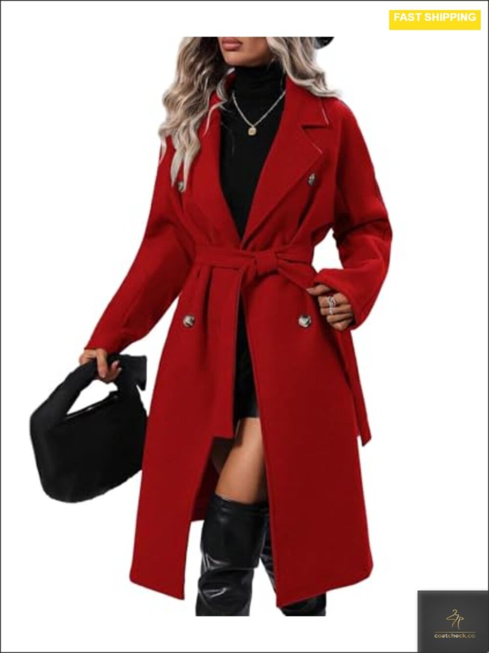 Women's Wool Pea Coat Double Breasted Notch Lapel Long Sleeve A-Line Belted